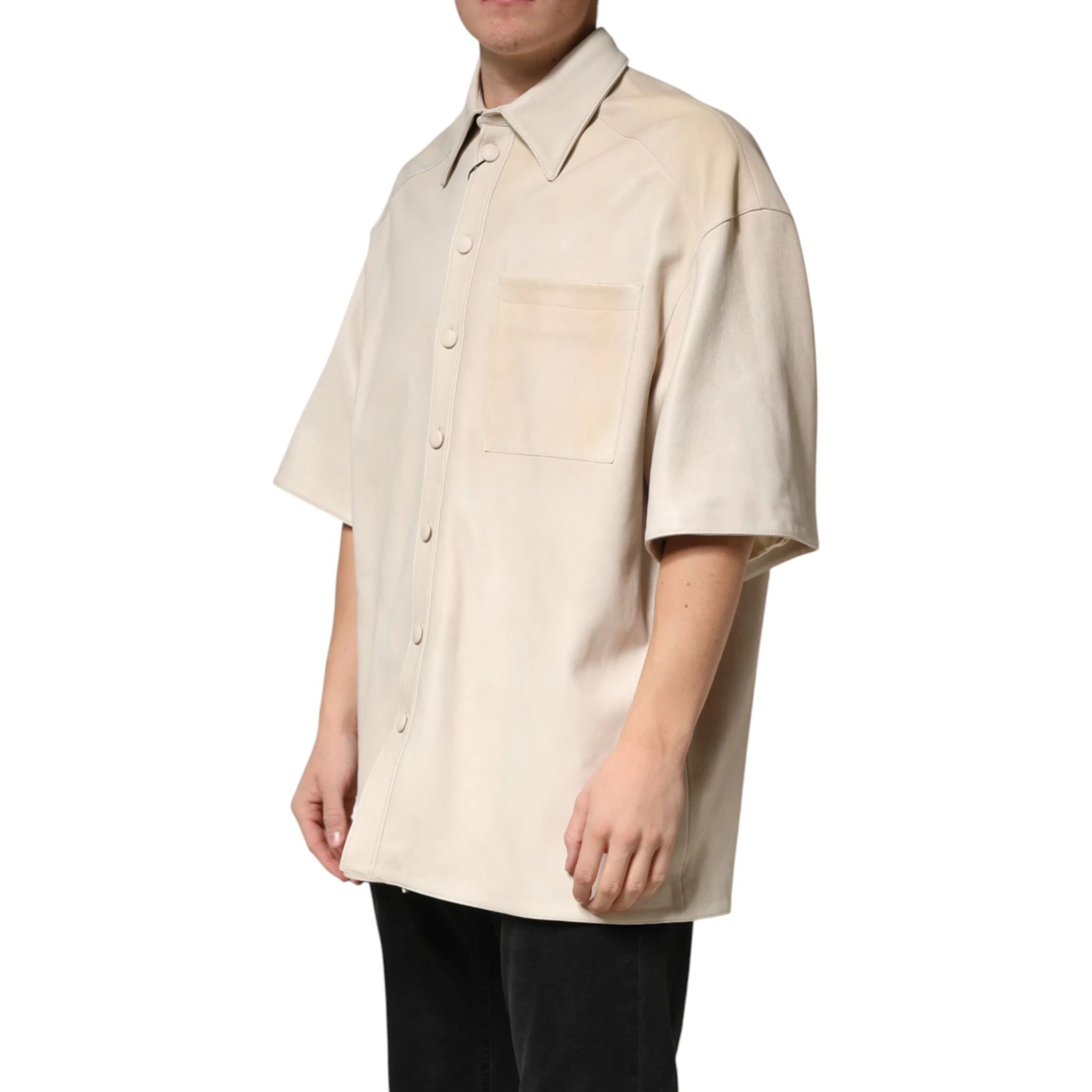 Beige Leather Button Down Men Casual Shirt