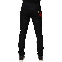 Black Floral Cotton Skinny Men Denim Jeans