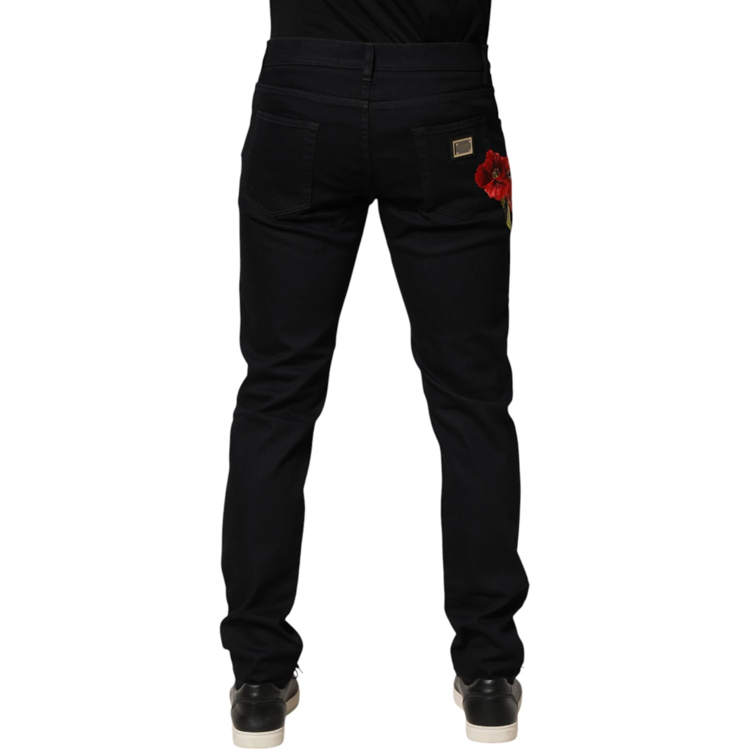 Black Floral Cotton Skinny Men Denim Jeans