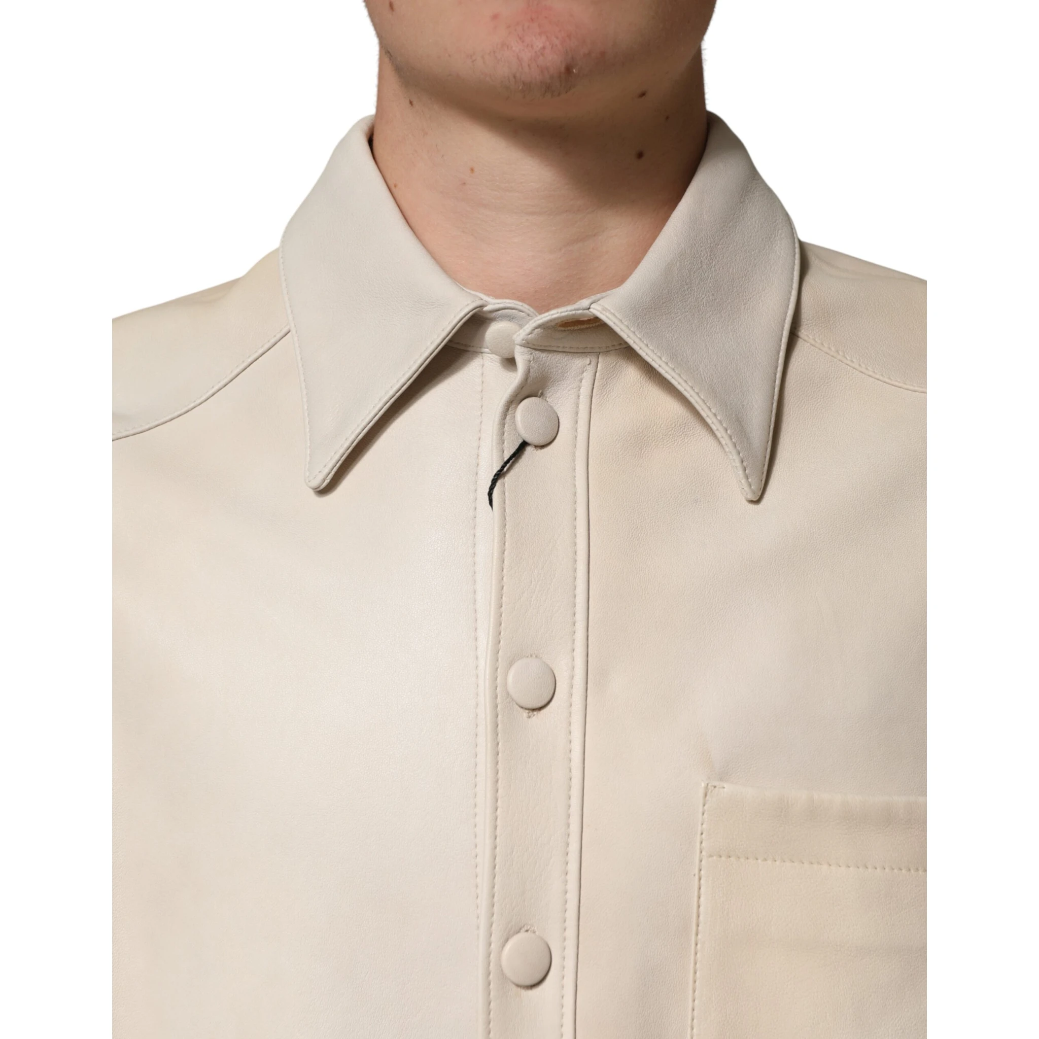 Beige Leather Button Down Men Casual Shirt