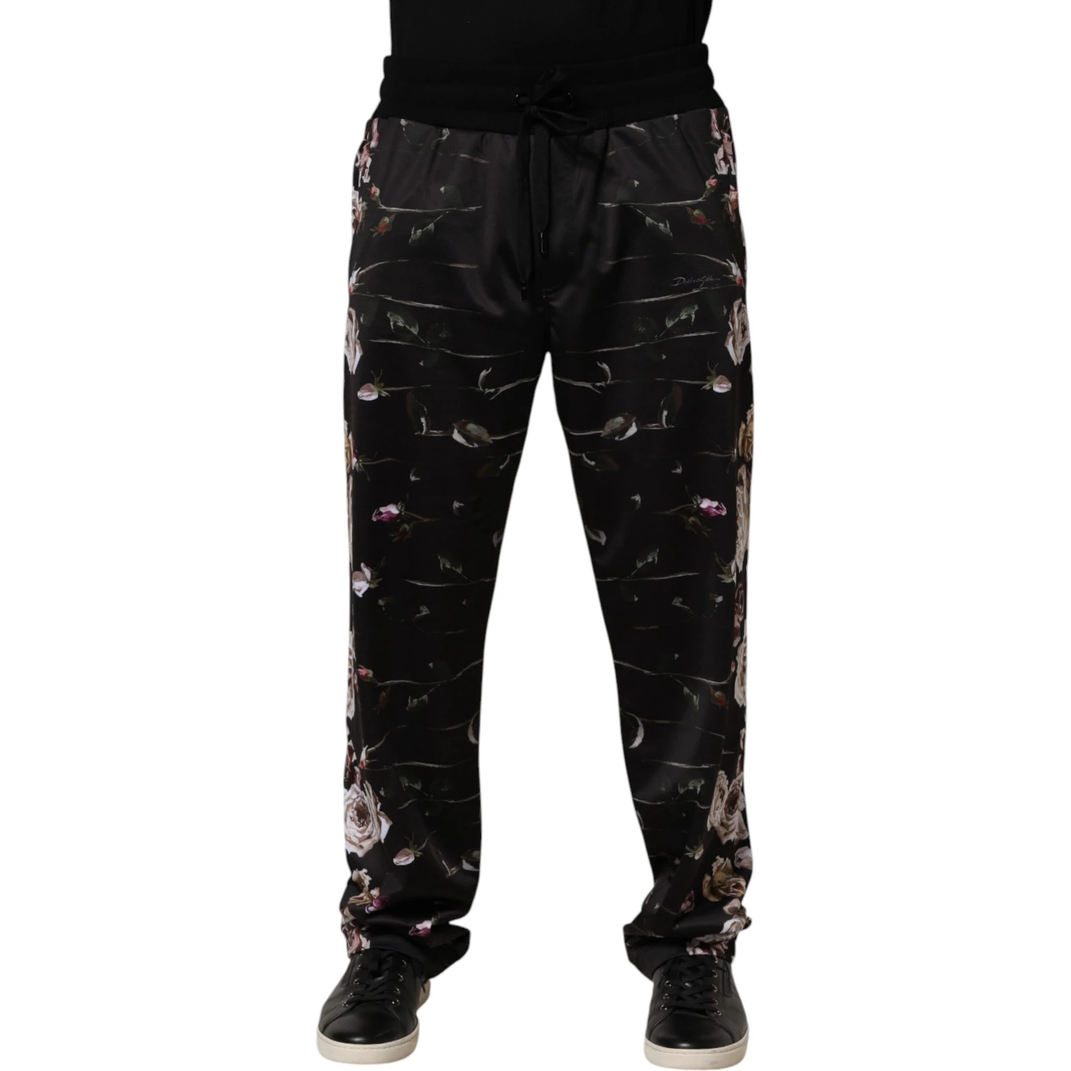 Black Floral Straight-Leg Chino Trouser Pants