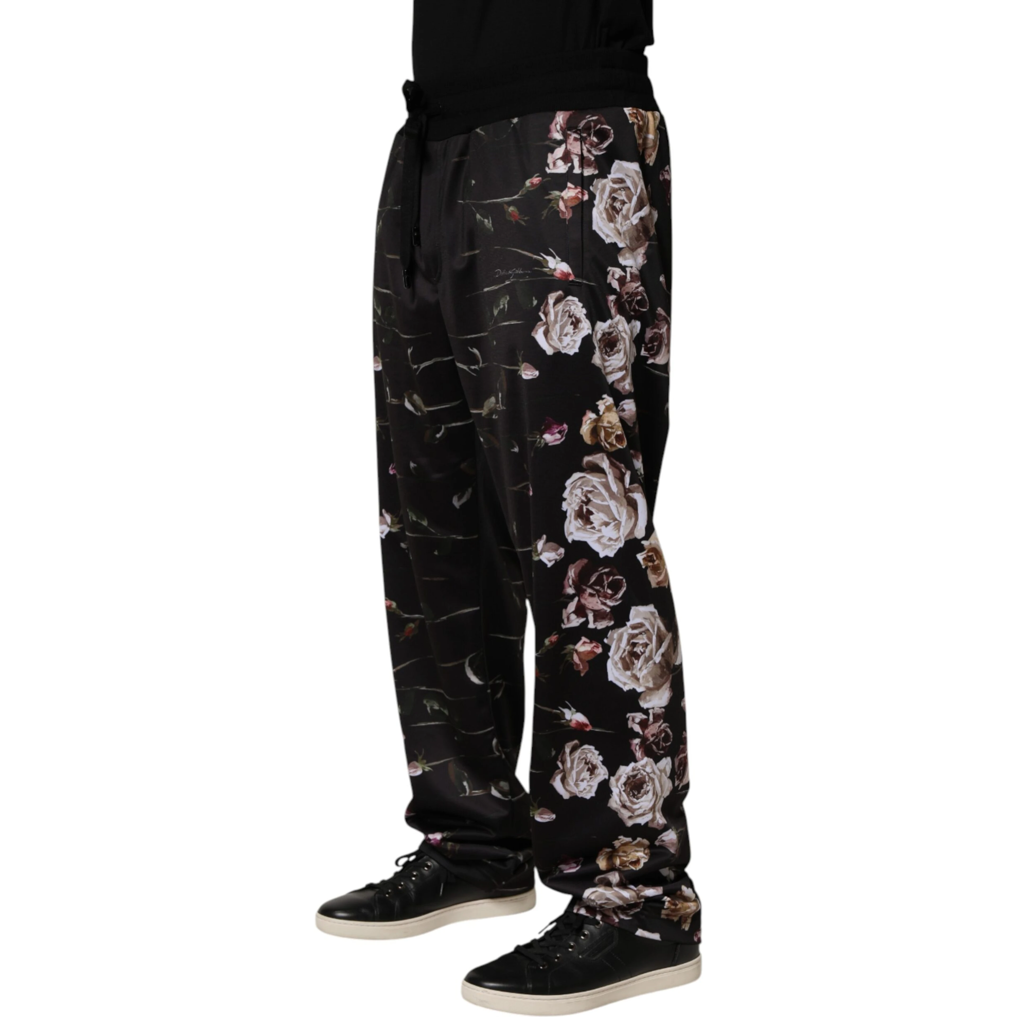 Black Floral Straight-Leg Chino Trouser Pants