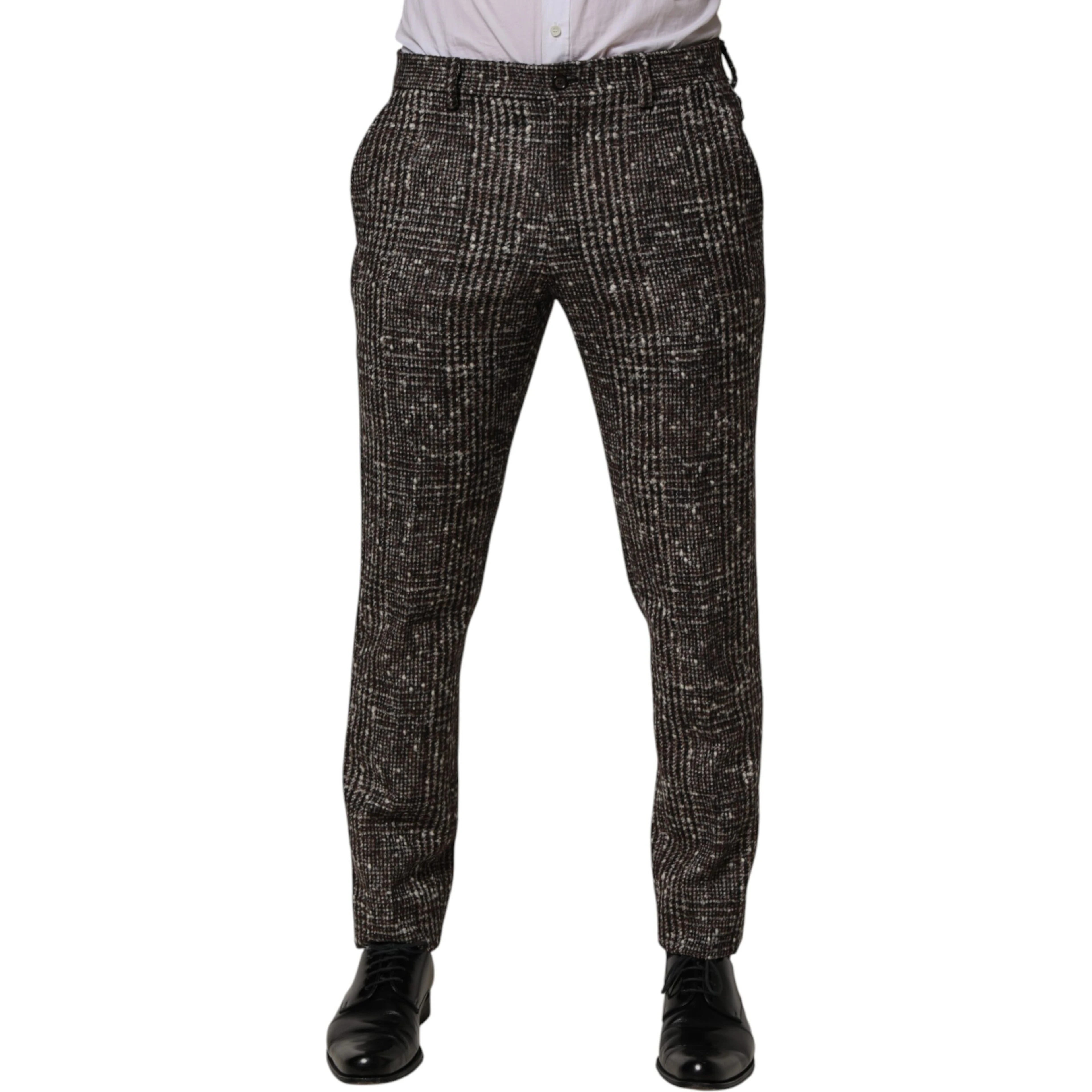 Brown Wool Plaid Skinny Dress Trouser Pants