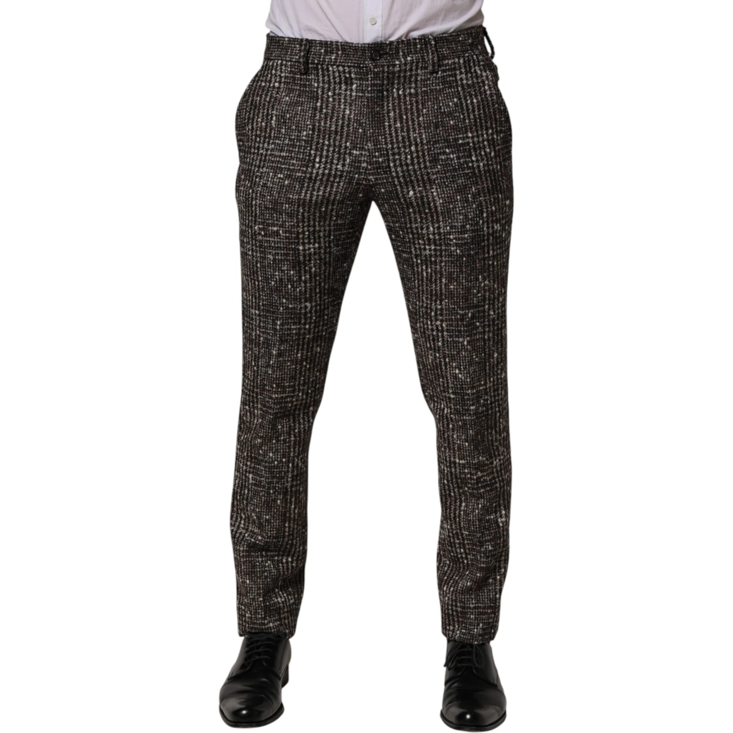 Brown Wool Plaid Skinny Dress Trouser Pants