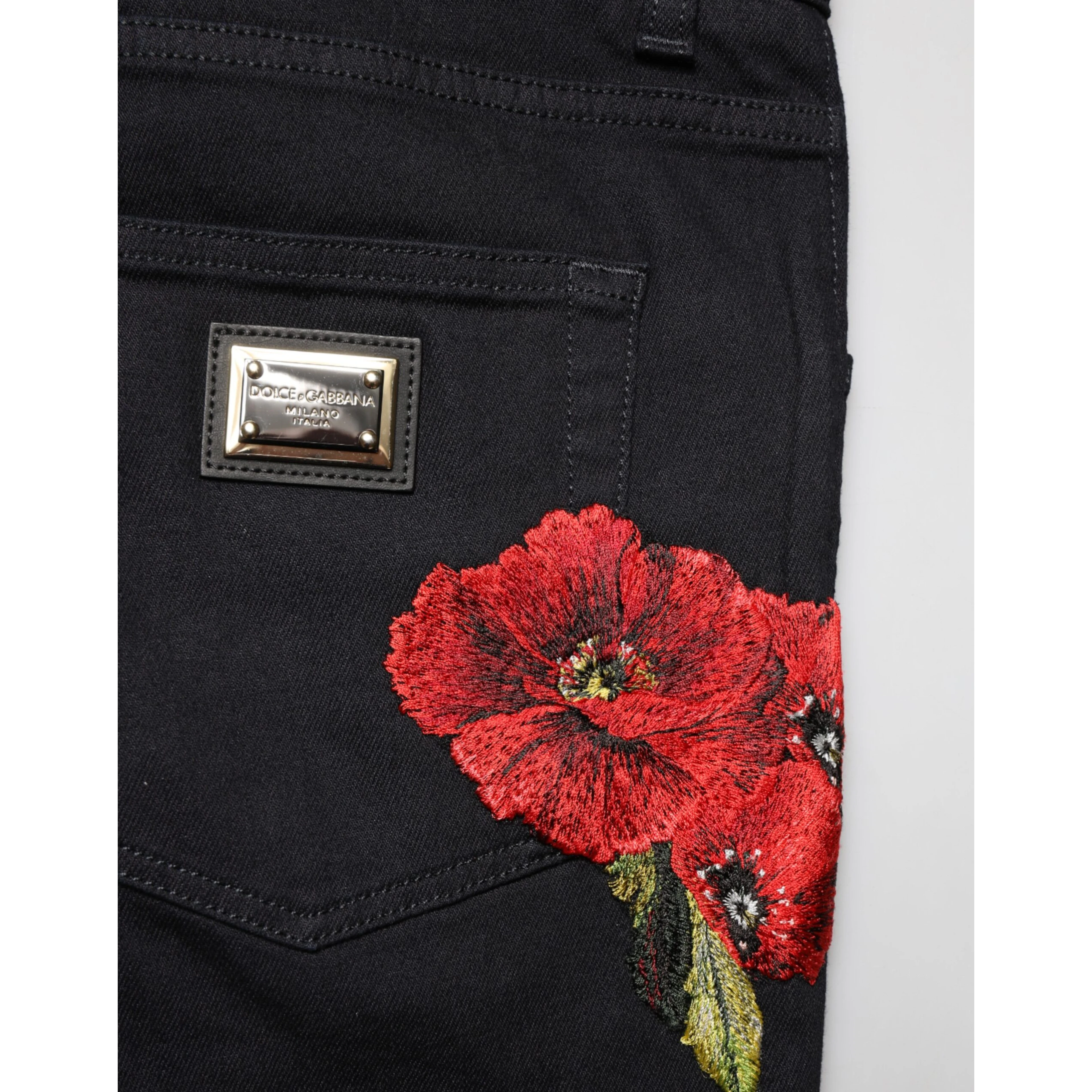 Black Floral Cotton Skinny Men Denim Jeans
