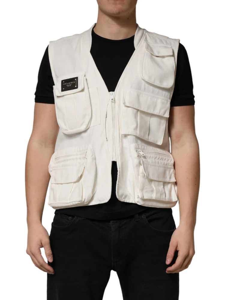 White Cotton Cargo Men Vest Coat Jacket