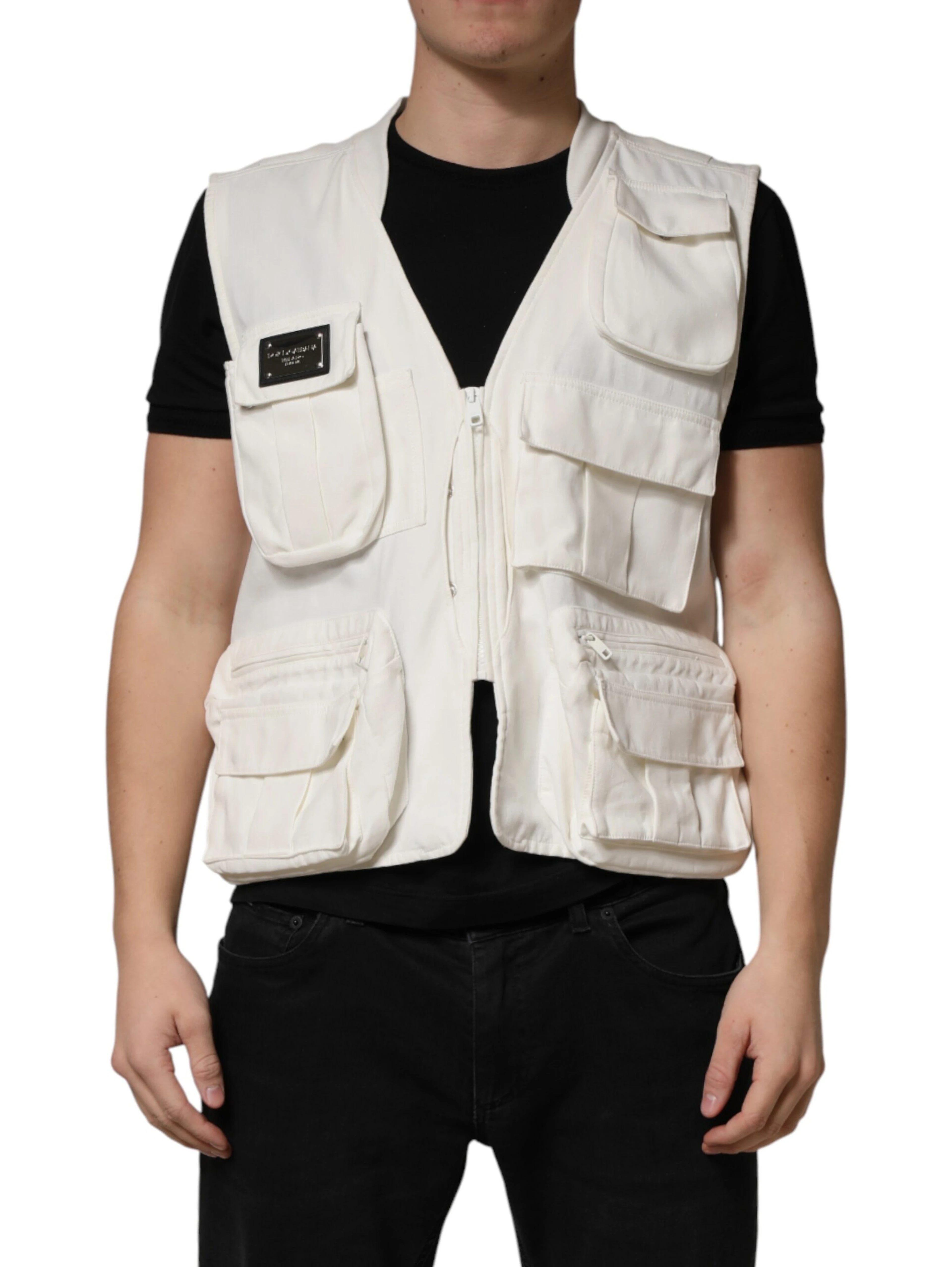 White Cotton Cargo Men Vest Coat Jacket