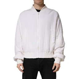White Silk Full Zip Bomber Blouson Jacket