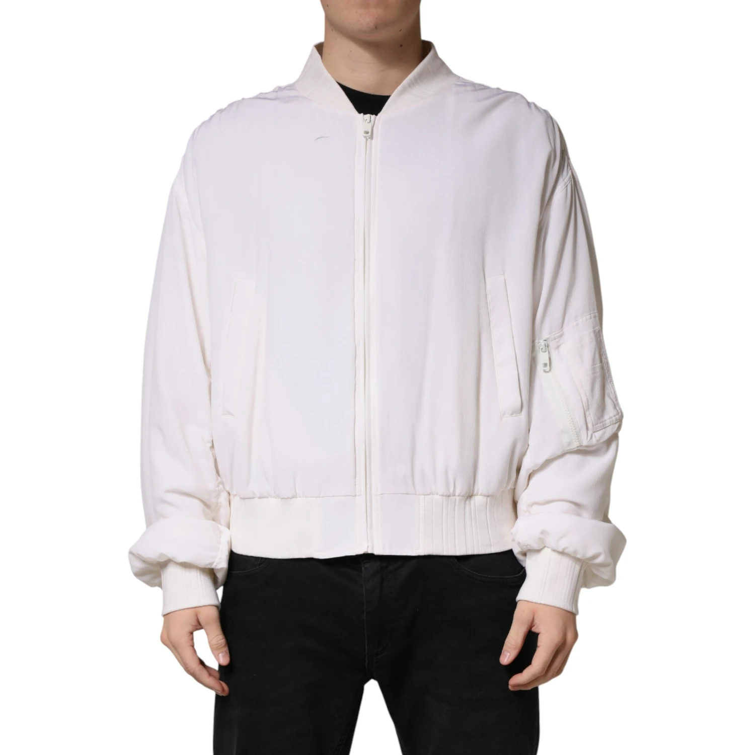 White Silk Full Zip Bomber Blouson Jacket