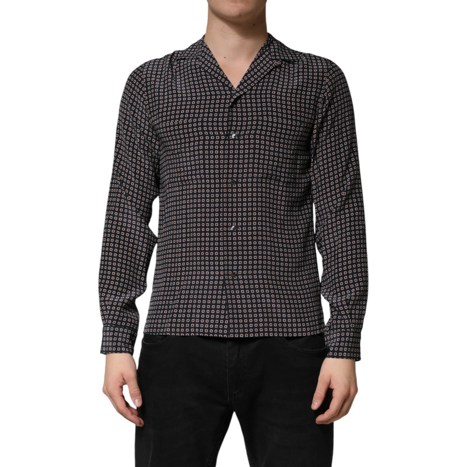 Black Patterned Silk Men Button Down Shirt