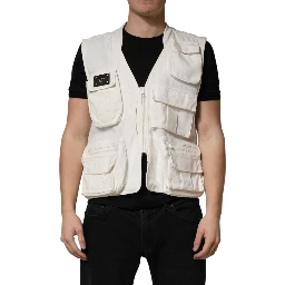 White Cotton Cargo Men Vest Coat Jacket
