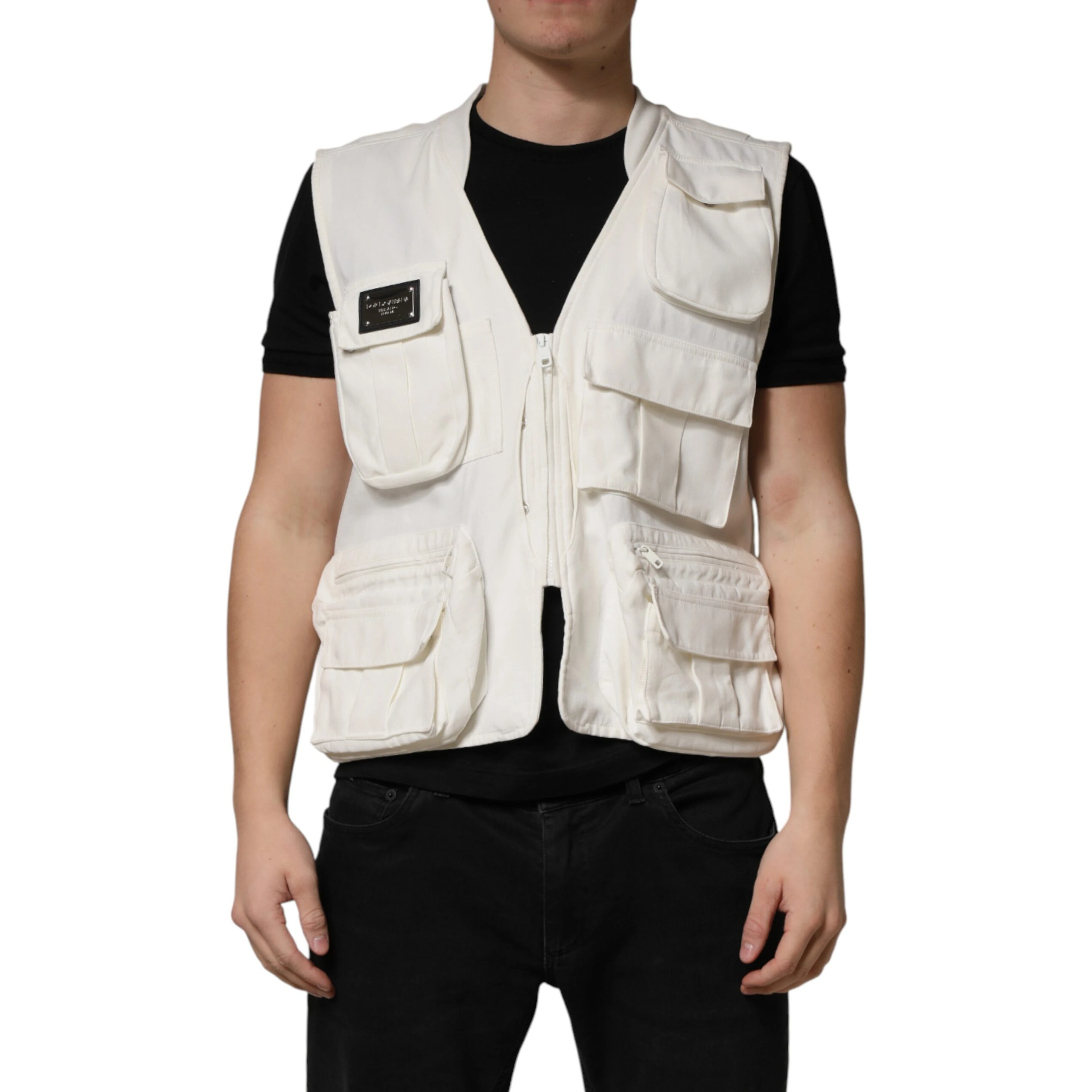 White Cotton Cargo Men Vest Coat Jacket