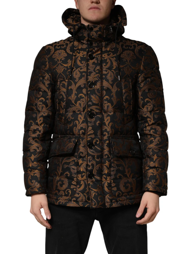 Black Floral Jacquard Quilted Hooded Jacket