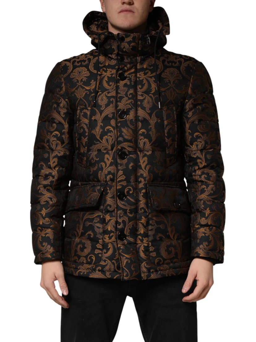 Black Floral Jacquard Quilted Hooded Jacket