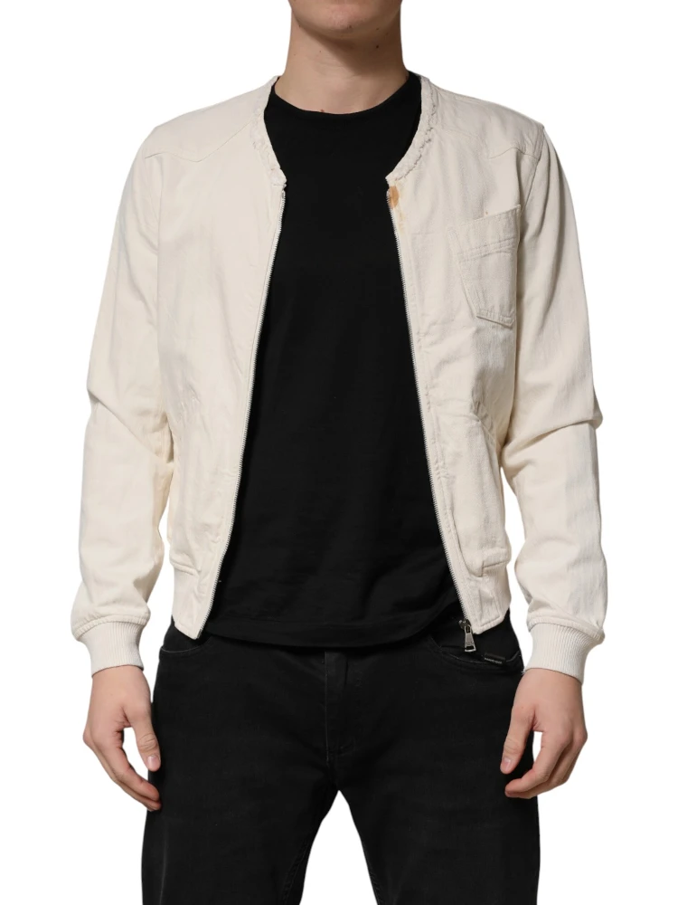 Off White Cotton Full Zip Denim Men Blouson Jacket