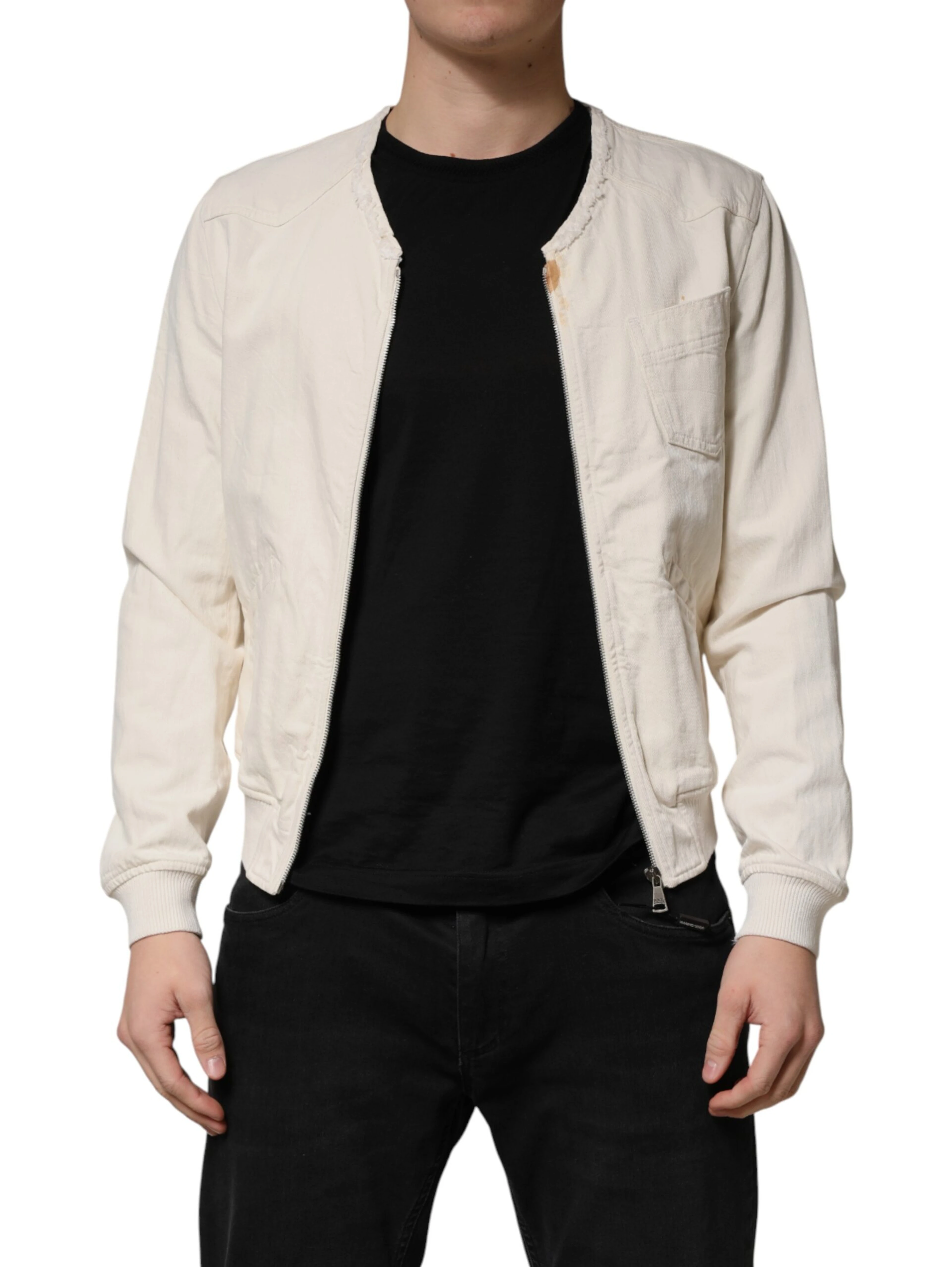 Off White Cotton Full Zip Denim Men Blouson Jacket