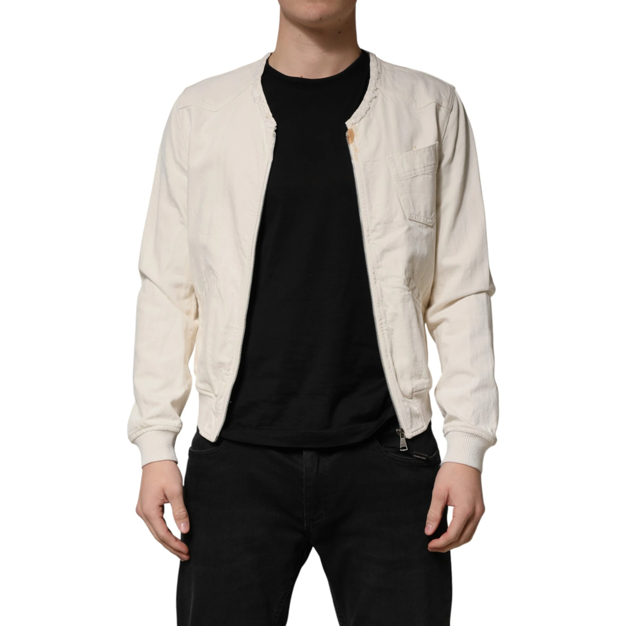 Off White Cotton Full Zip Denim Men Blouson Jacket