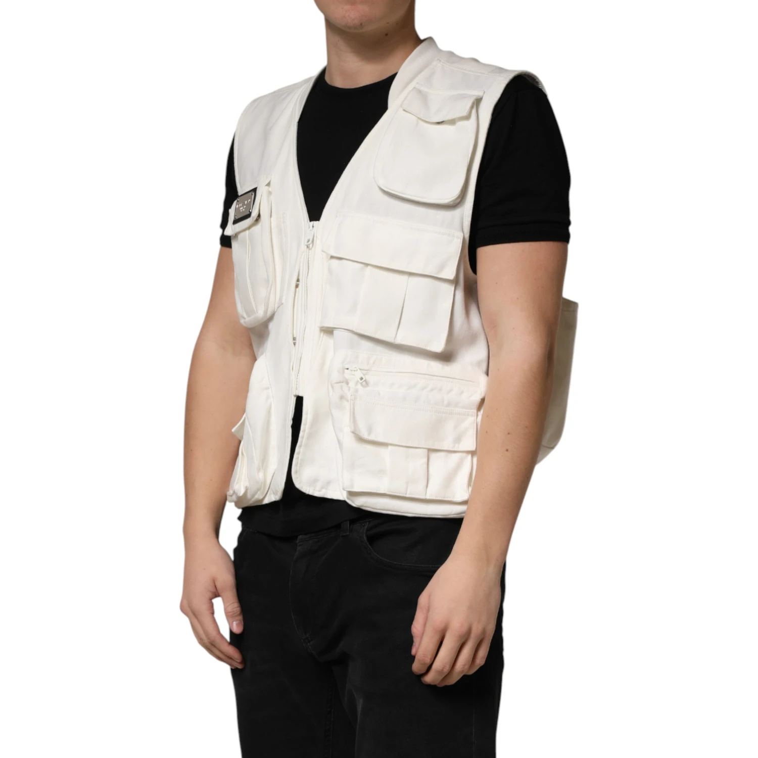 White Cotton Cargo Men Vest Coat Jacket