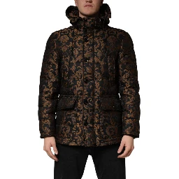 Black Floral Jacquard Quilted Hooded Jacket