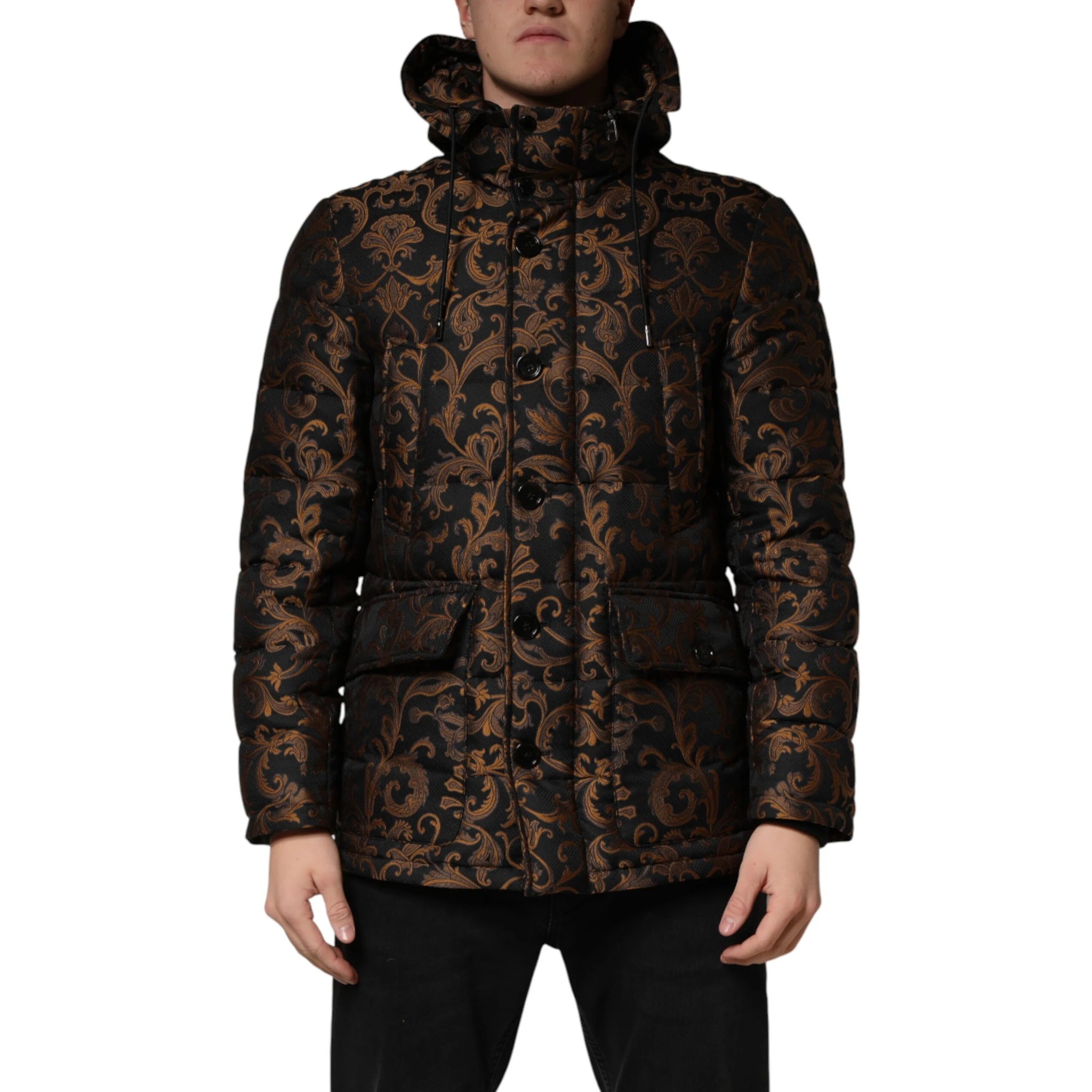 Black Floral Jacquard Quilted Hooded Jacket