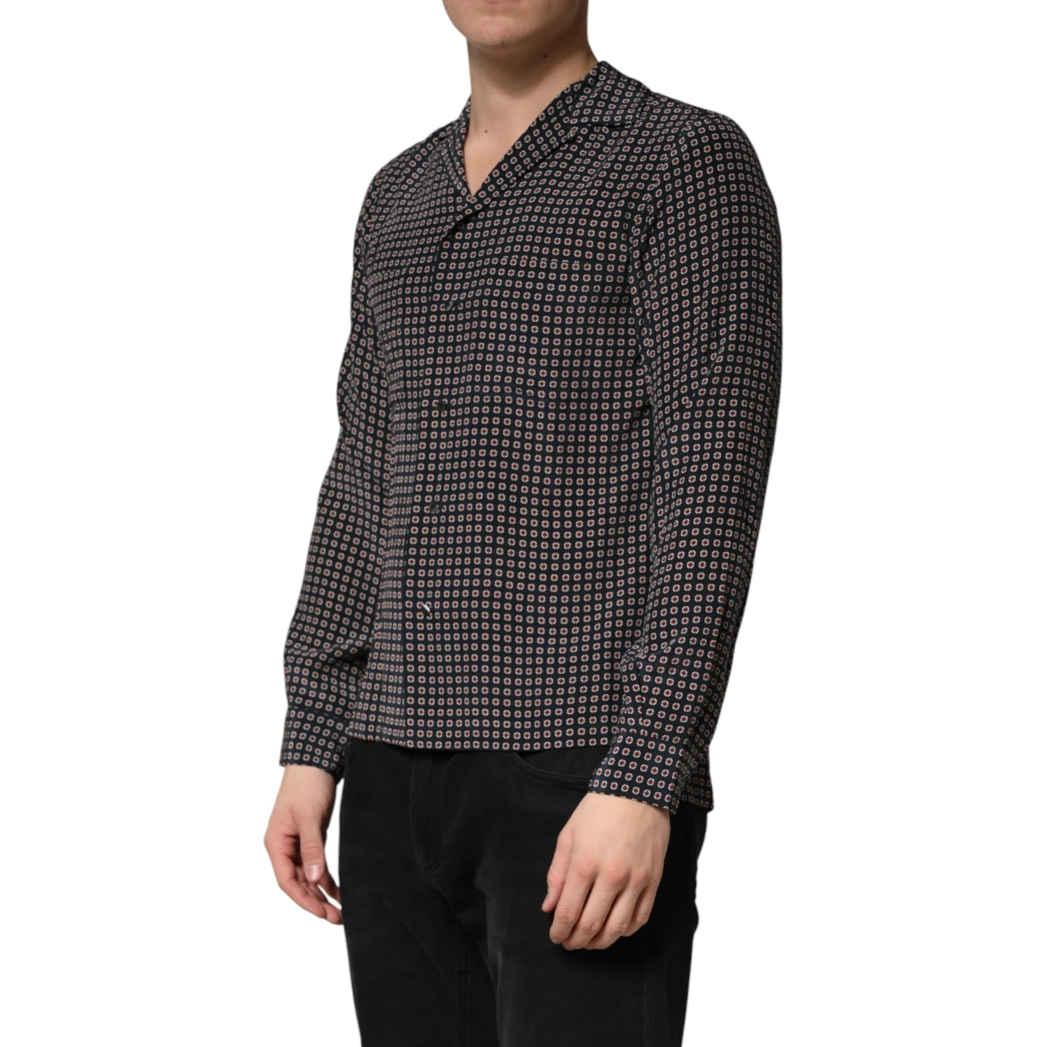 Black Patterned Silk Men Button Down Shirt