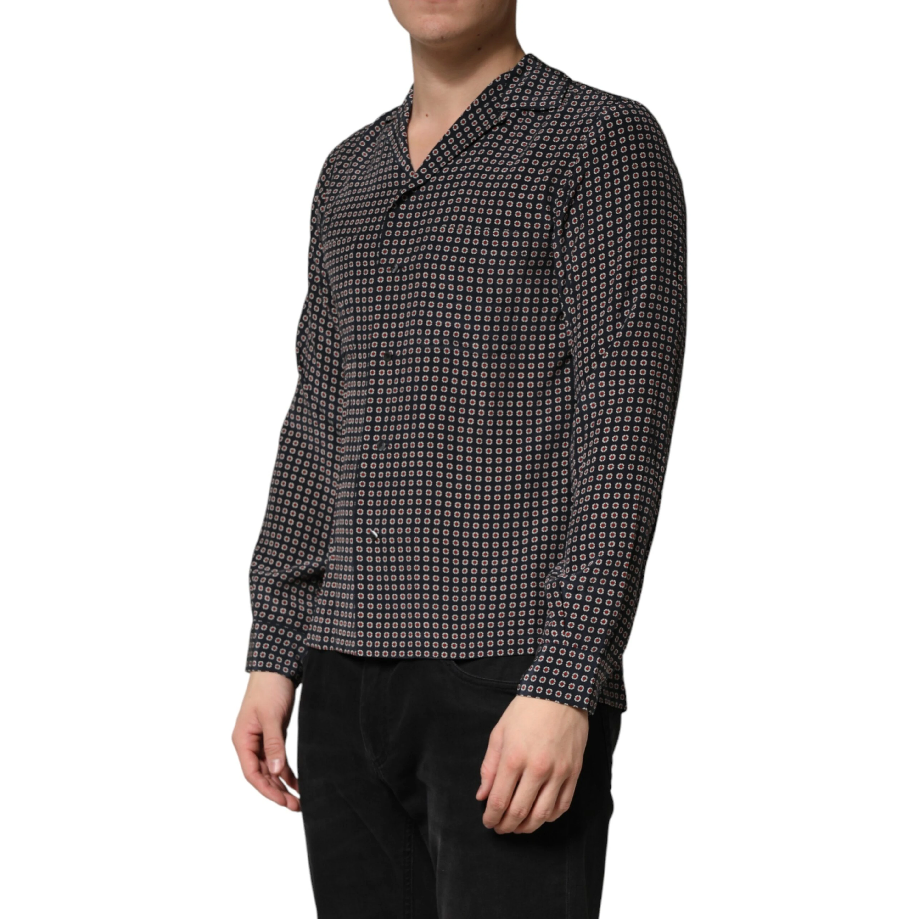 Black Patterned Silk Men Button Down Shirt
