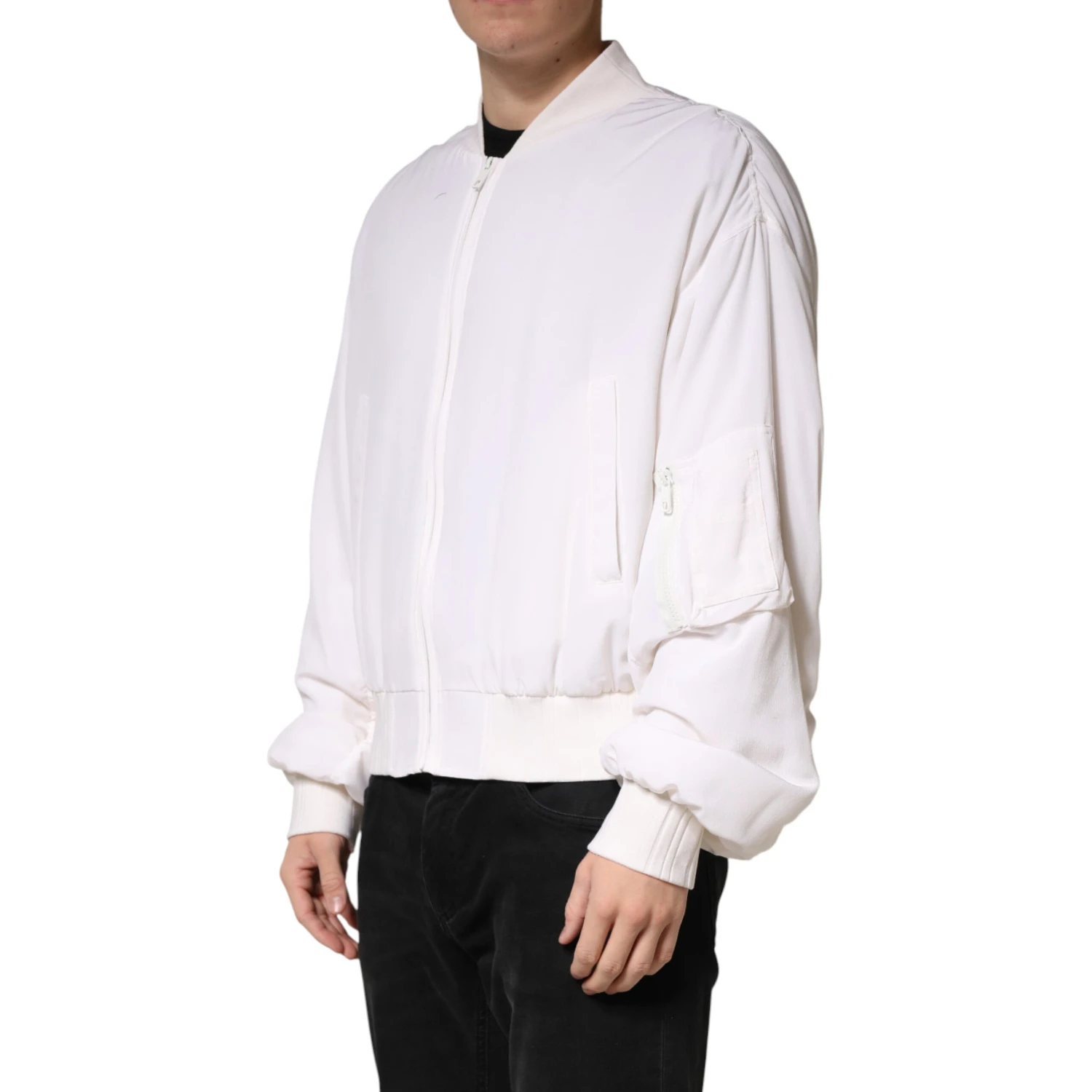 White Silk Full Zip Bomber Blouson Jacket