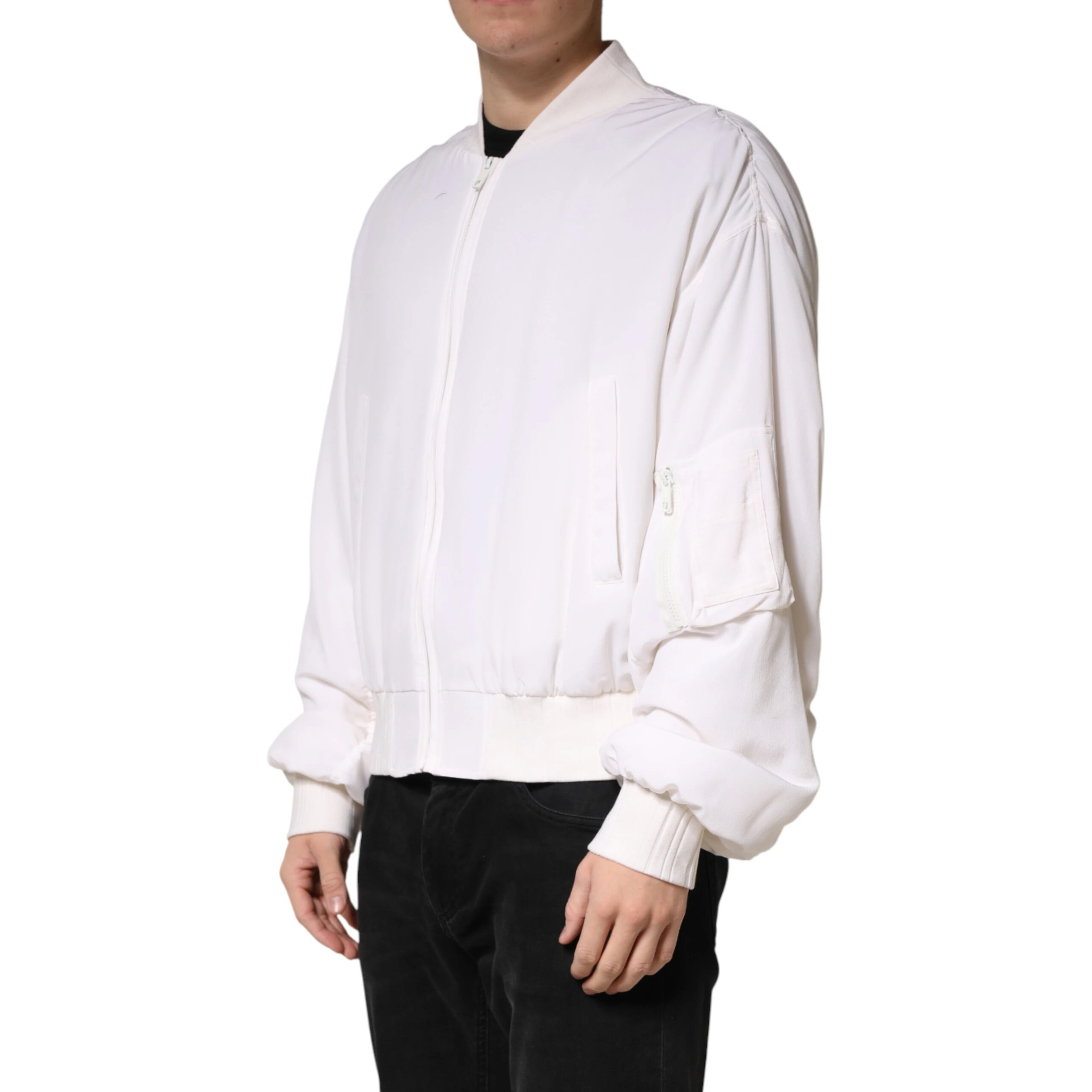 White Silk Full Zip Bomber Blouson Jacket