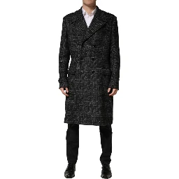 Grey Double Breasted Plaid Wool Coat Jacket