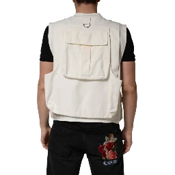White Cotton Cargo Men Vest Coat Jacket