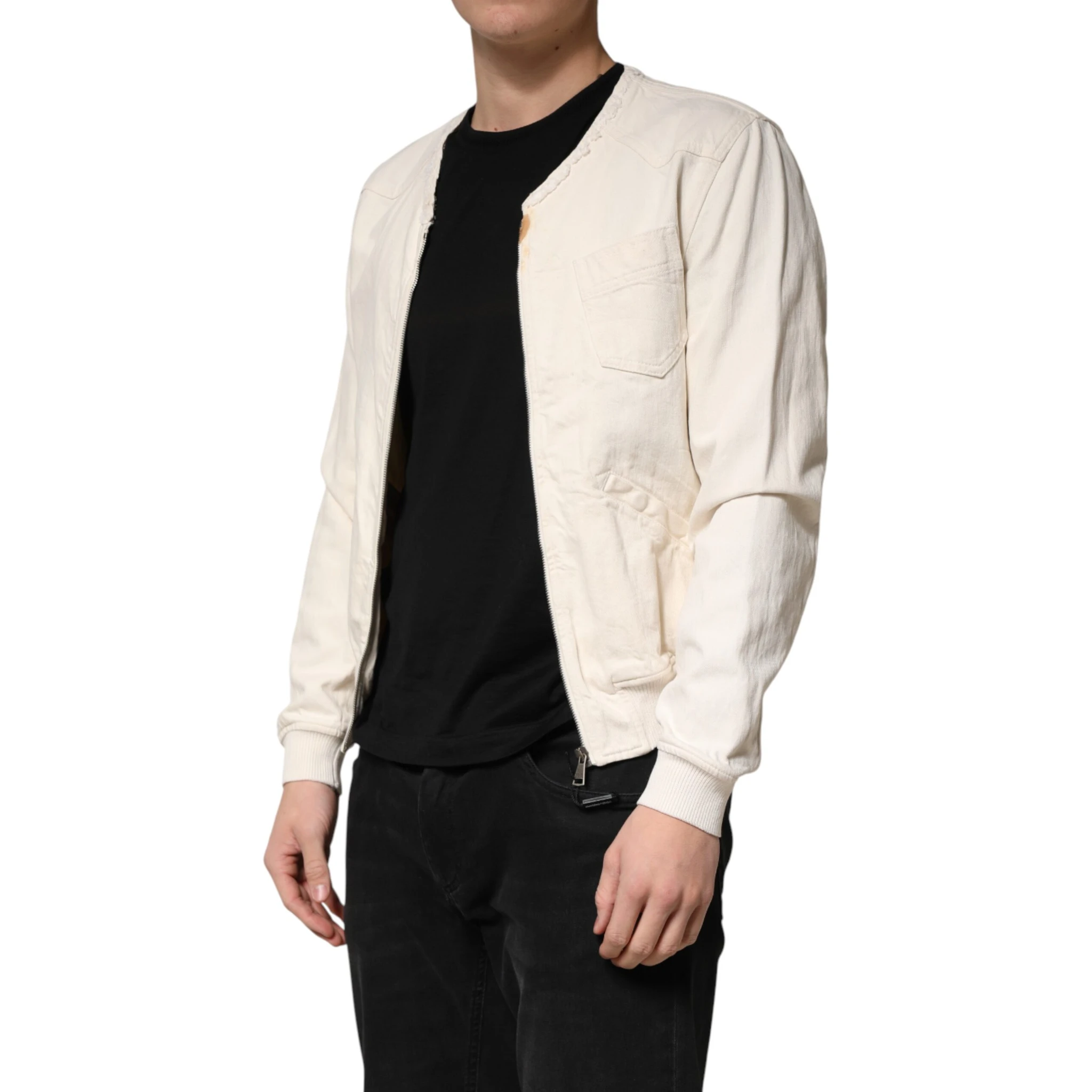 Off White Cotton Full Zip Denim Men Blouson Jacket