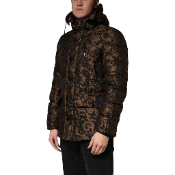 Black Floral Jacquard Quilted Hooded Jacket