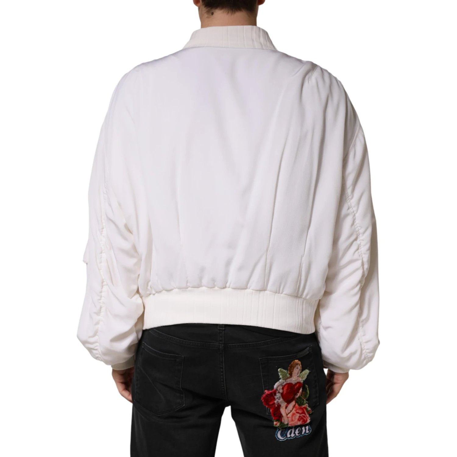 White Silk Full Zip Bomber Blouson Jacket