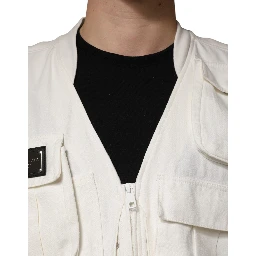 White Cotton Cargo Men Vest Coat Jacket