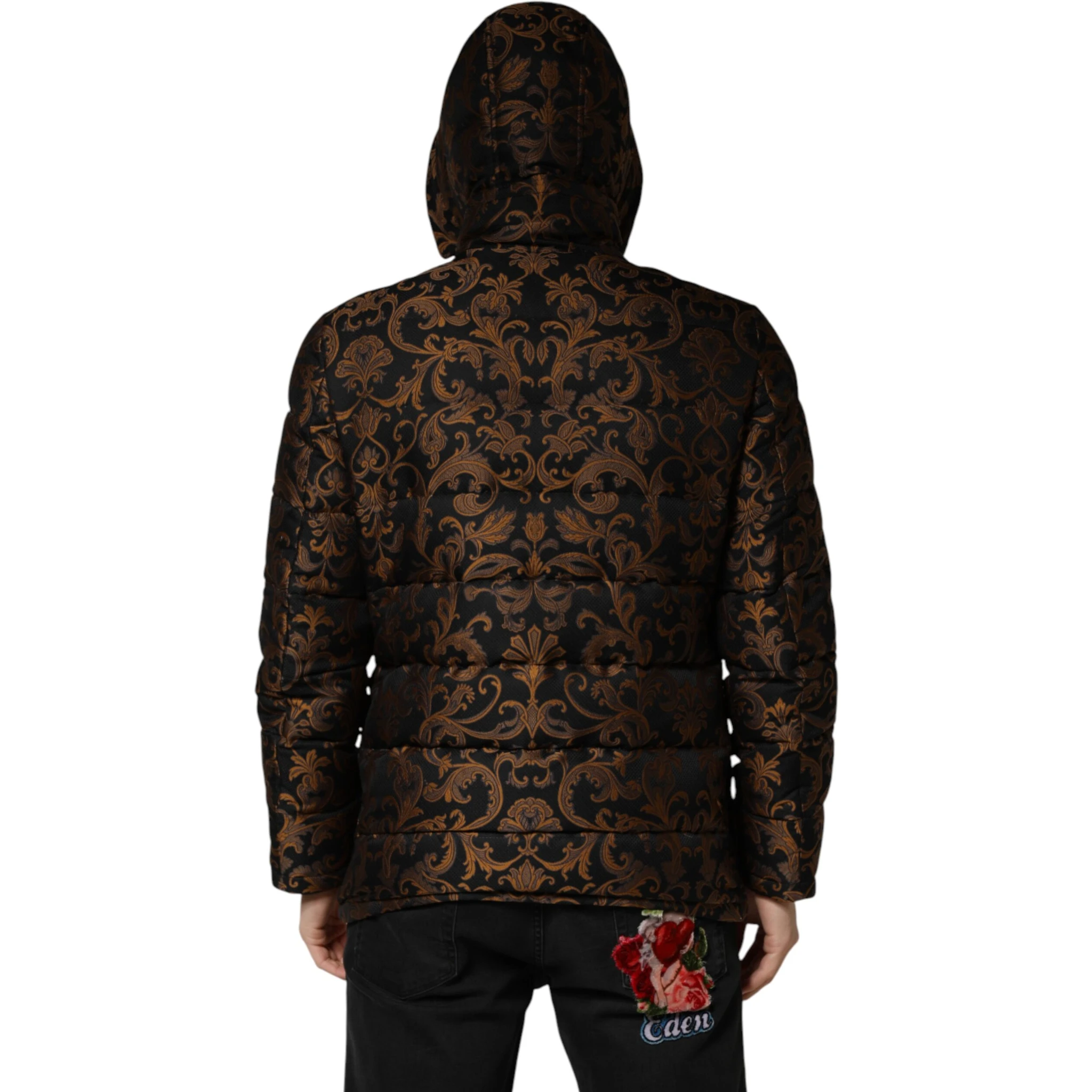 Black Floral Jacquard Quilted Hooded Jacket
