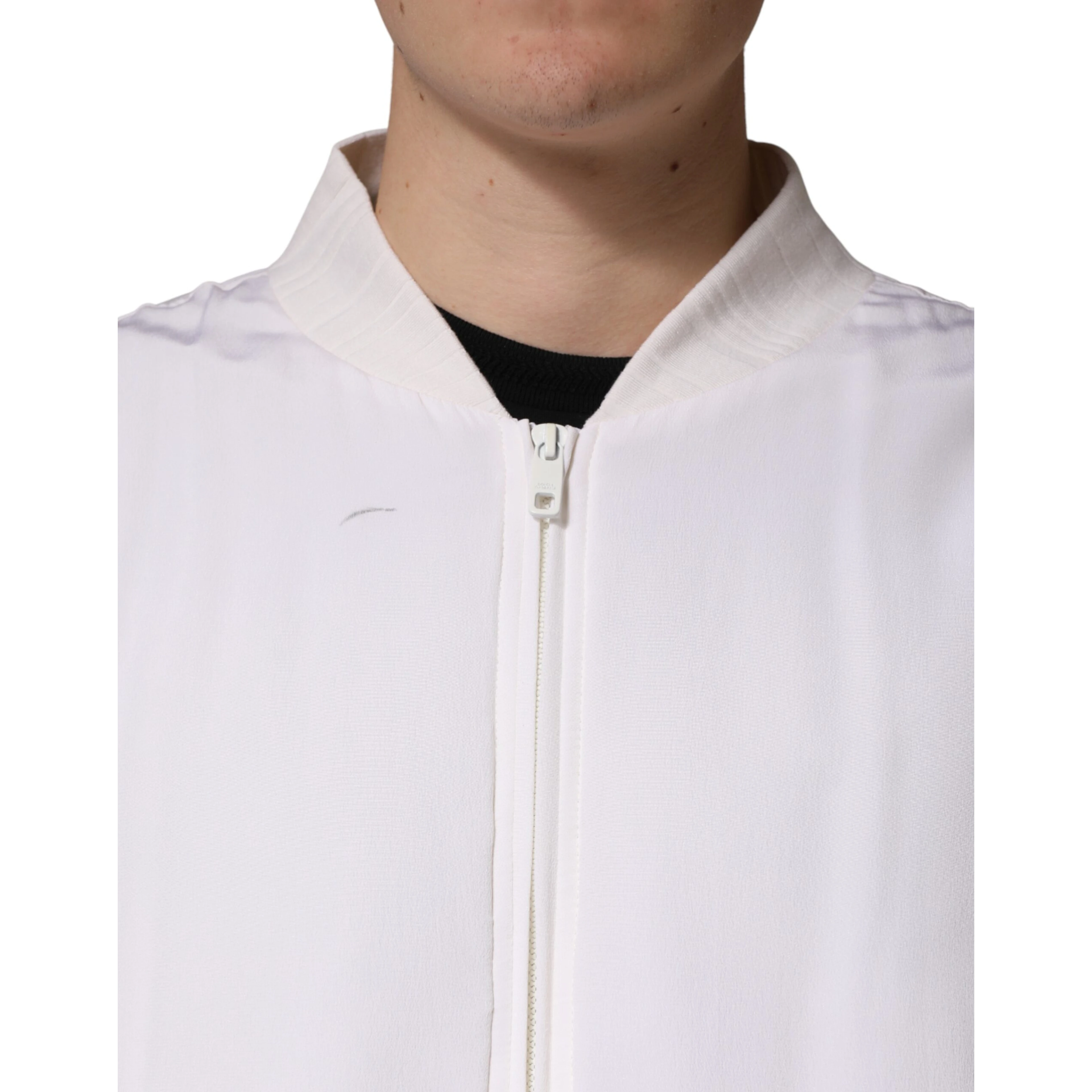 White Silk Full Zip Bomber Blouson Jacket