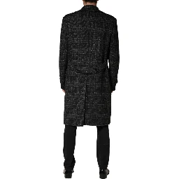Grey Double Breasted Plaid Wool Coat Jacket