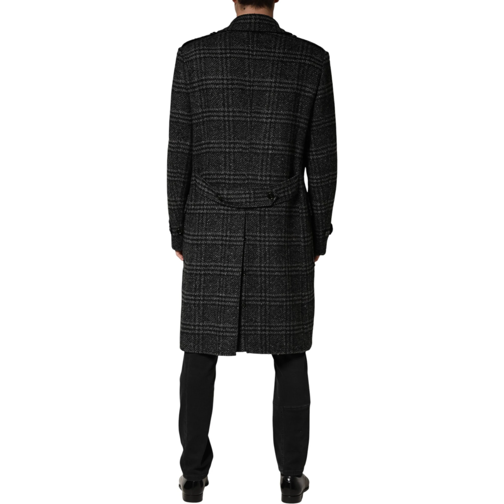 Grey Double Breasted Plaid Wool Coat Jacket