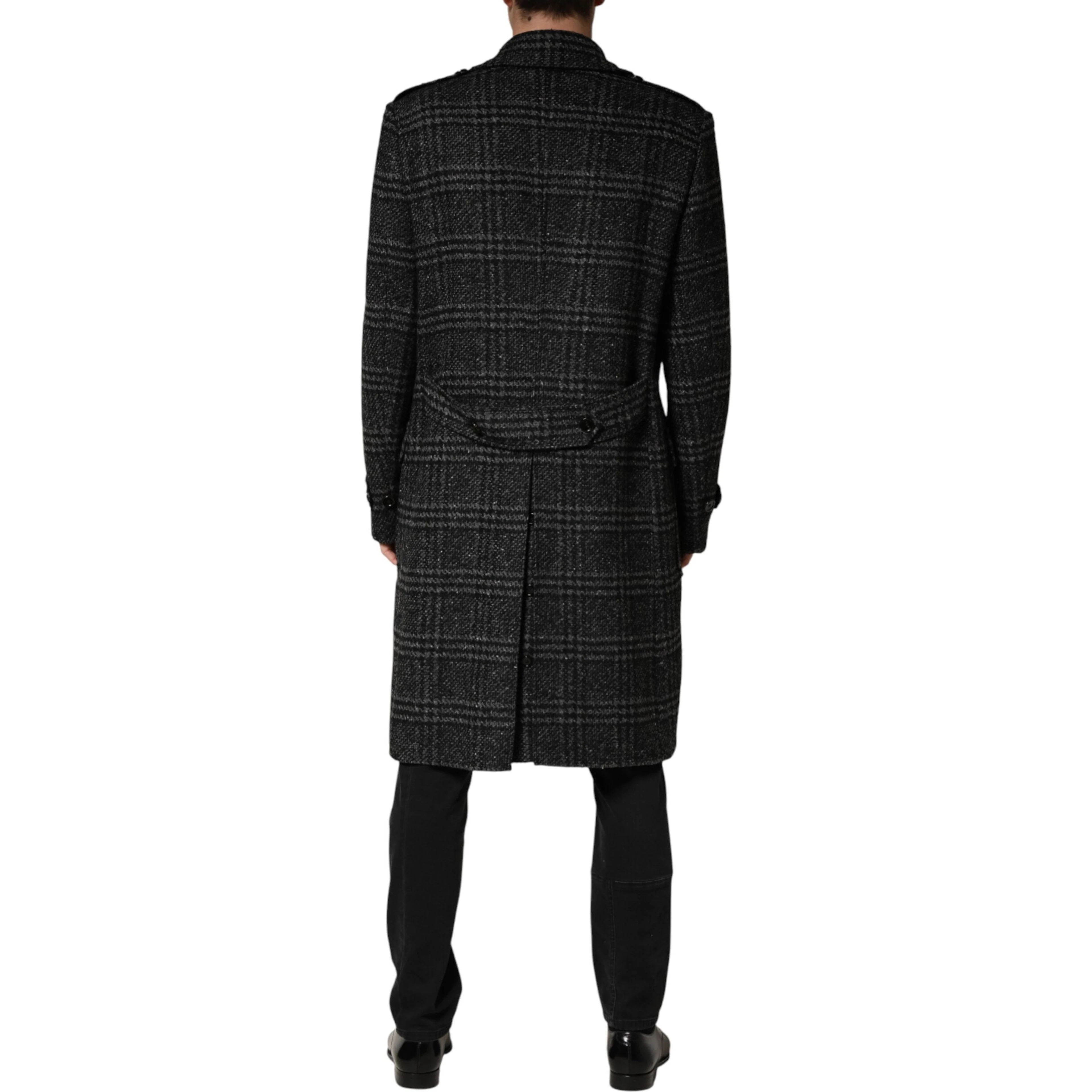 Grey Double Breasted Plaid Wool Coat Jacket