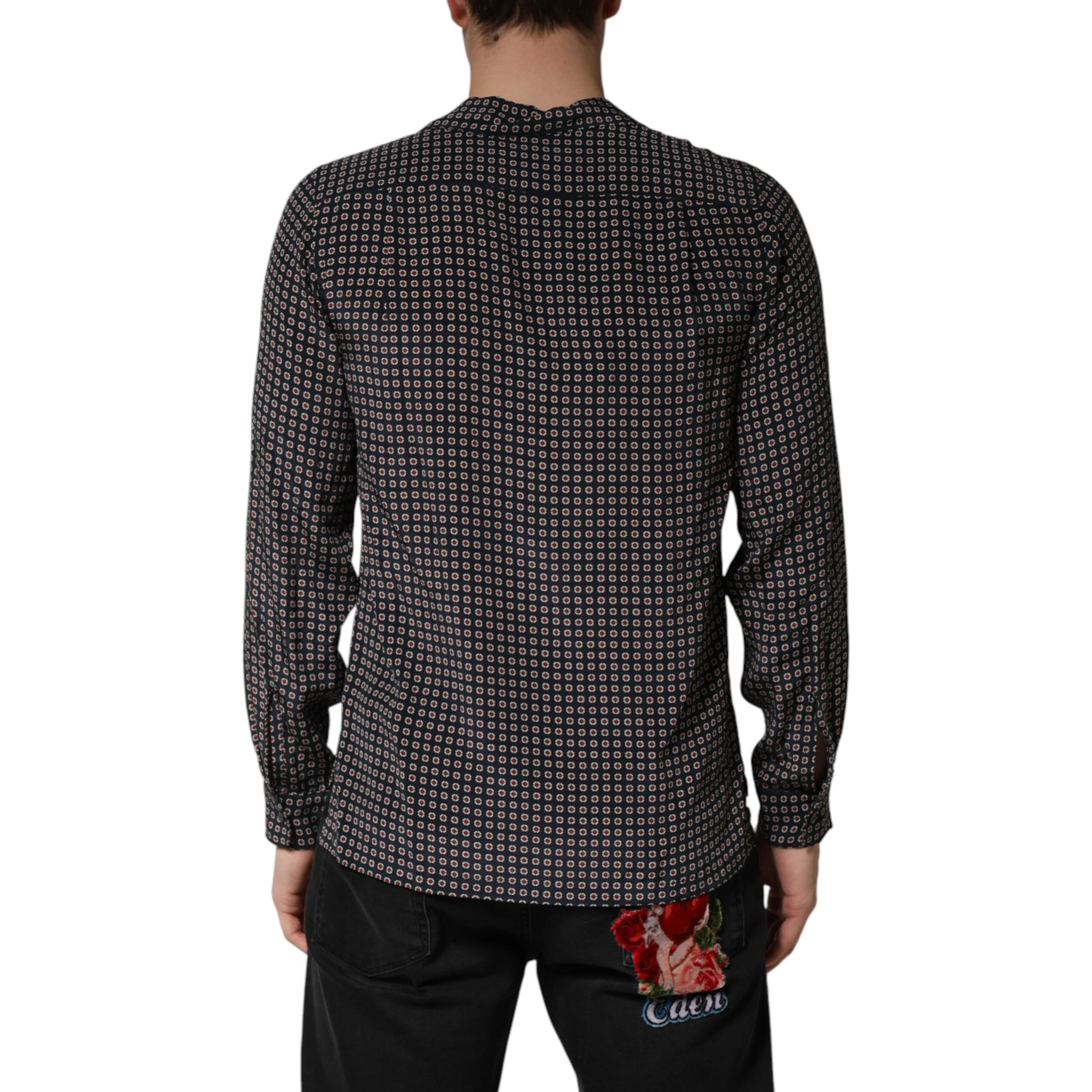 Black Patterned Silk Men Button Down Shirt