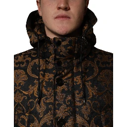 Black Floral Jacquard Quilted Hooded Jacket