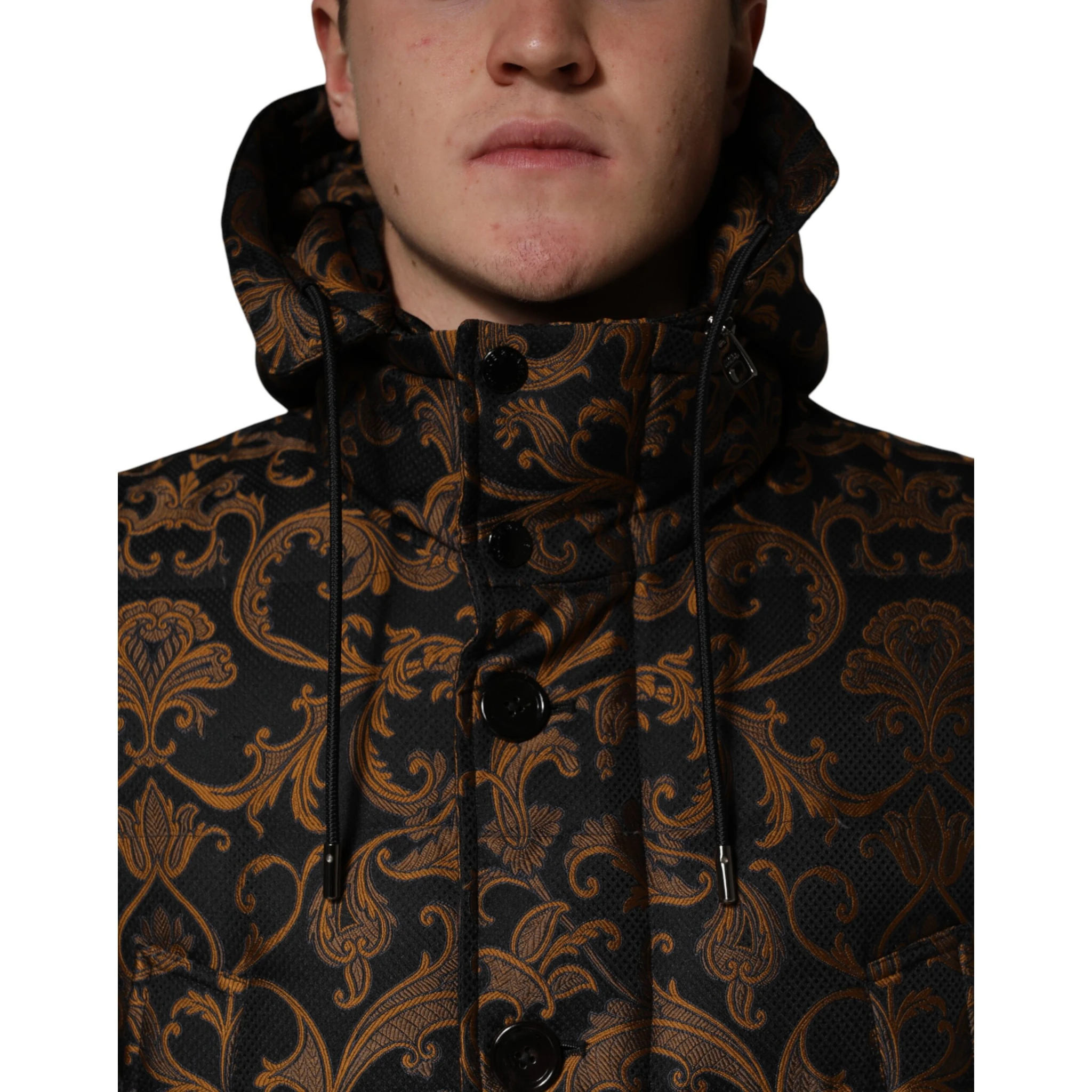 Black Floral Jacquard Quilted Hooded Jacket