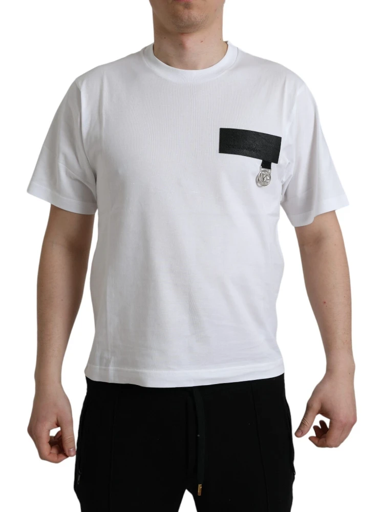 White Logo Patch Cotton Crew Neck T-shirt