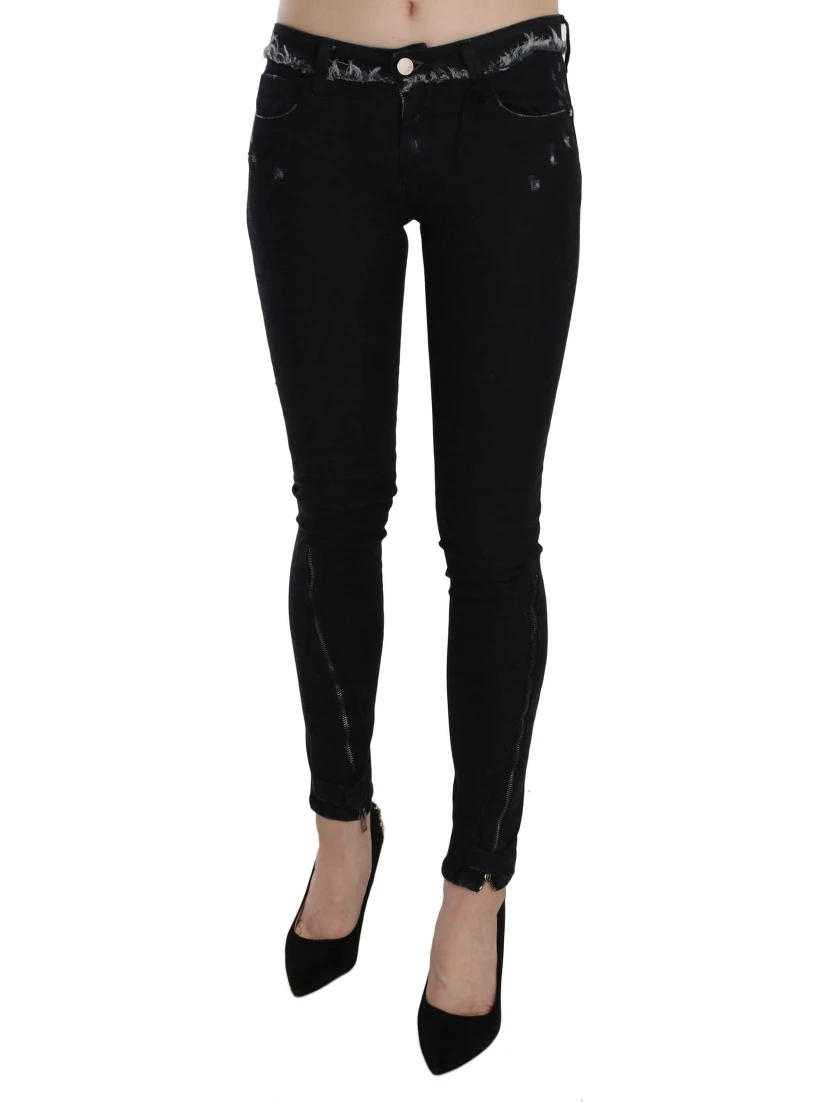 Black Low Waist Zipper Leg Skinny Denim Jeans