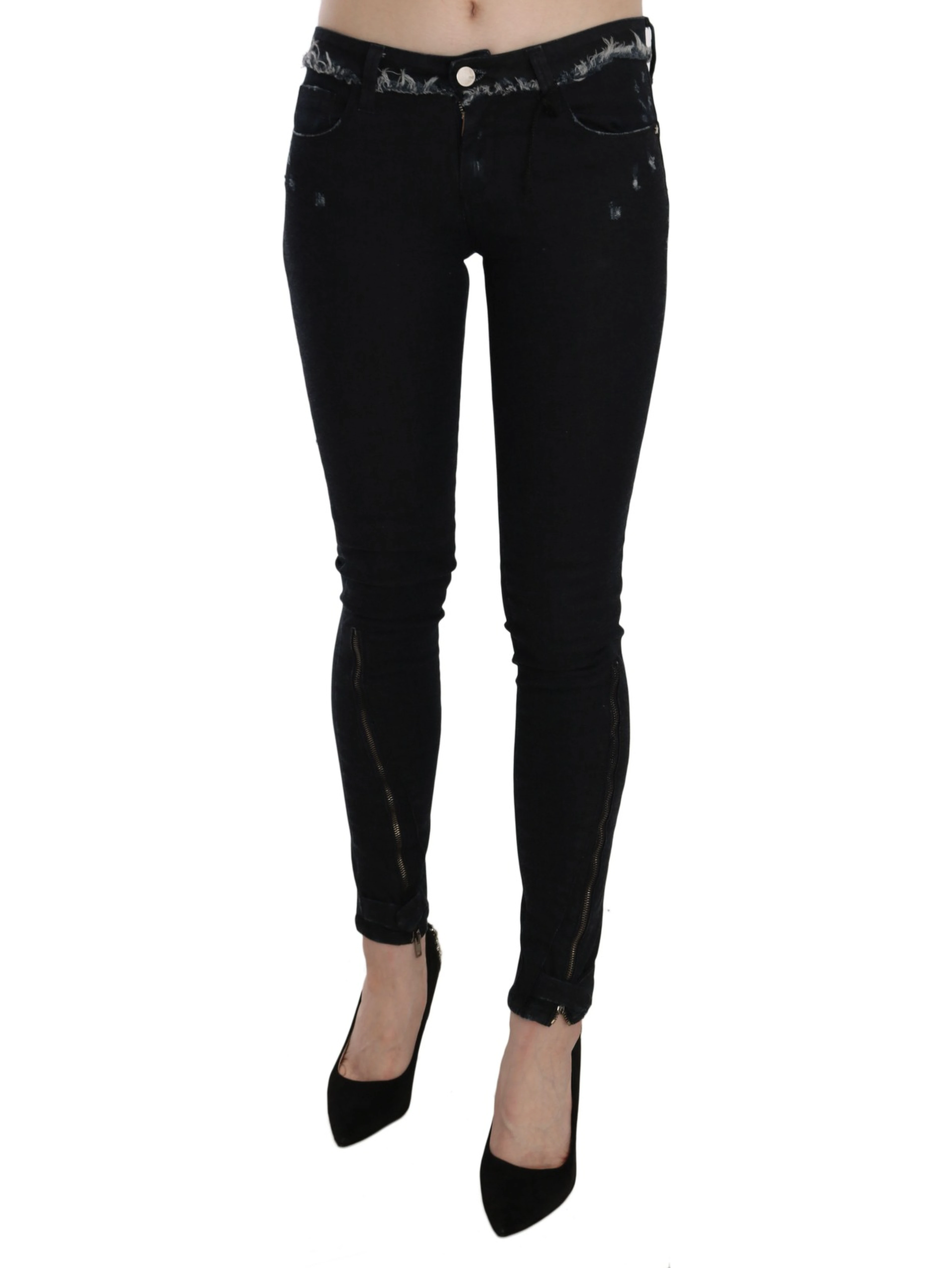 Black Low Waist Zipper Leg Skinny Denim Jeans