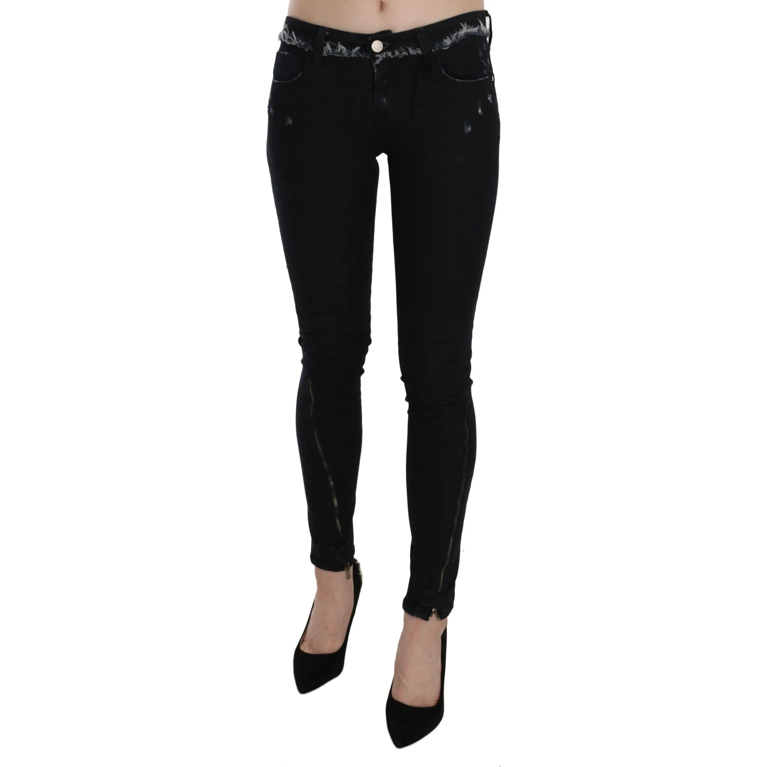 Black Low Waist Zipper Leg Skinny Denim Jeans