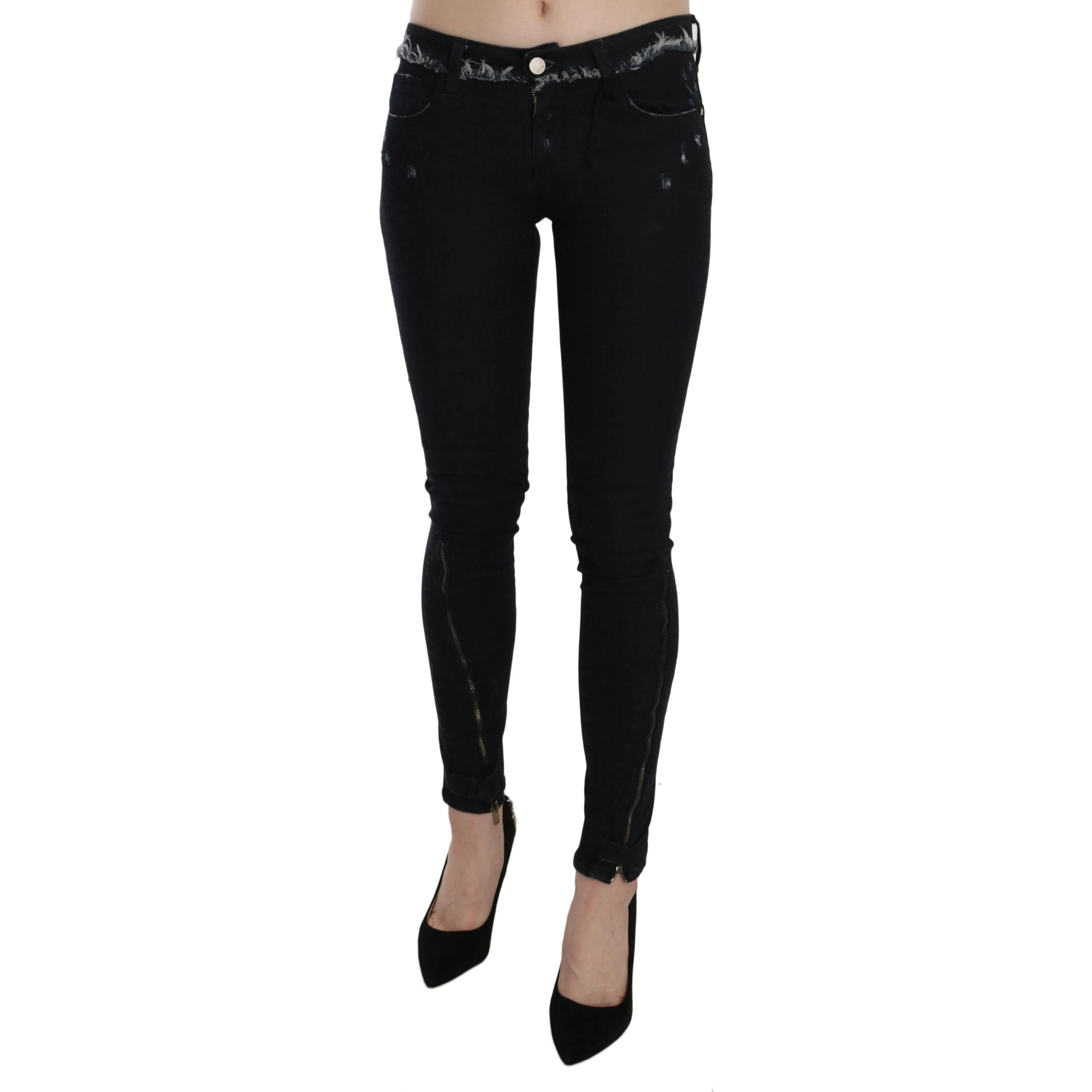 Black Low Waist Zipper Leg Skinny Denim Jeans