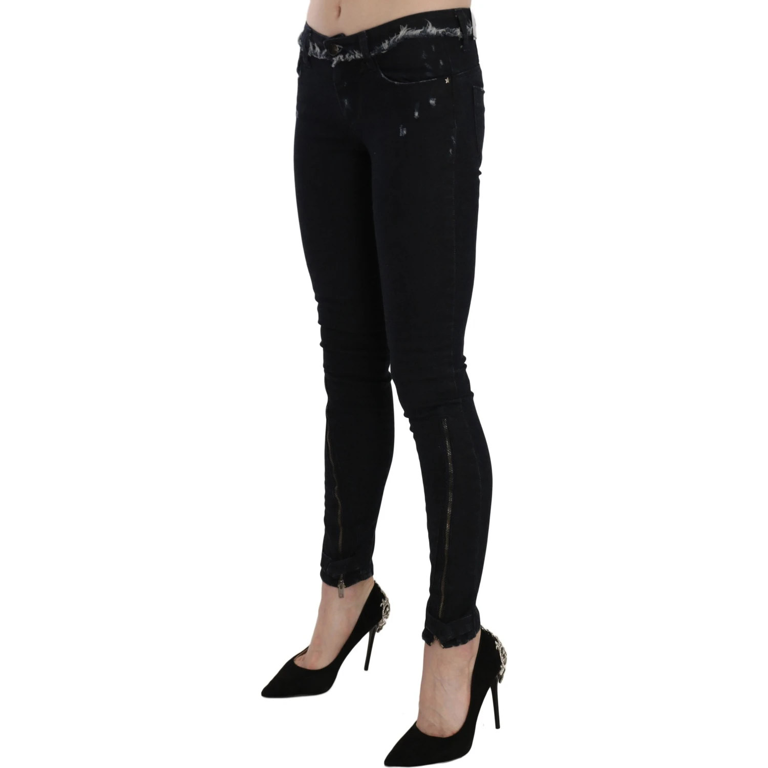 Black Low Waist Zipper Leg Skinny Denim Jeans