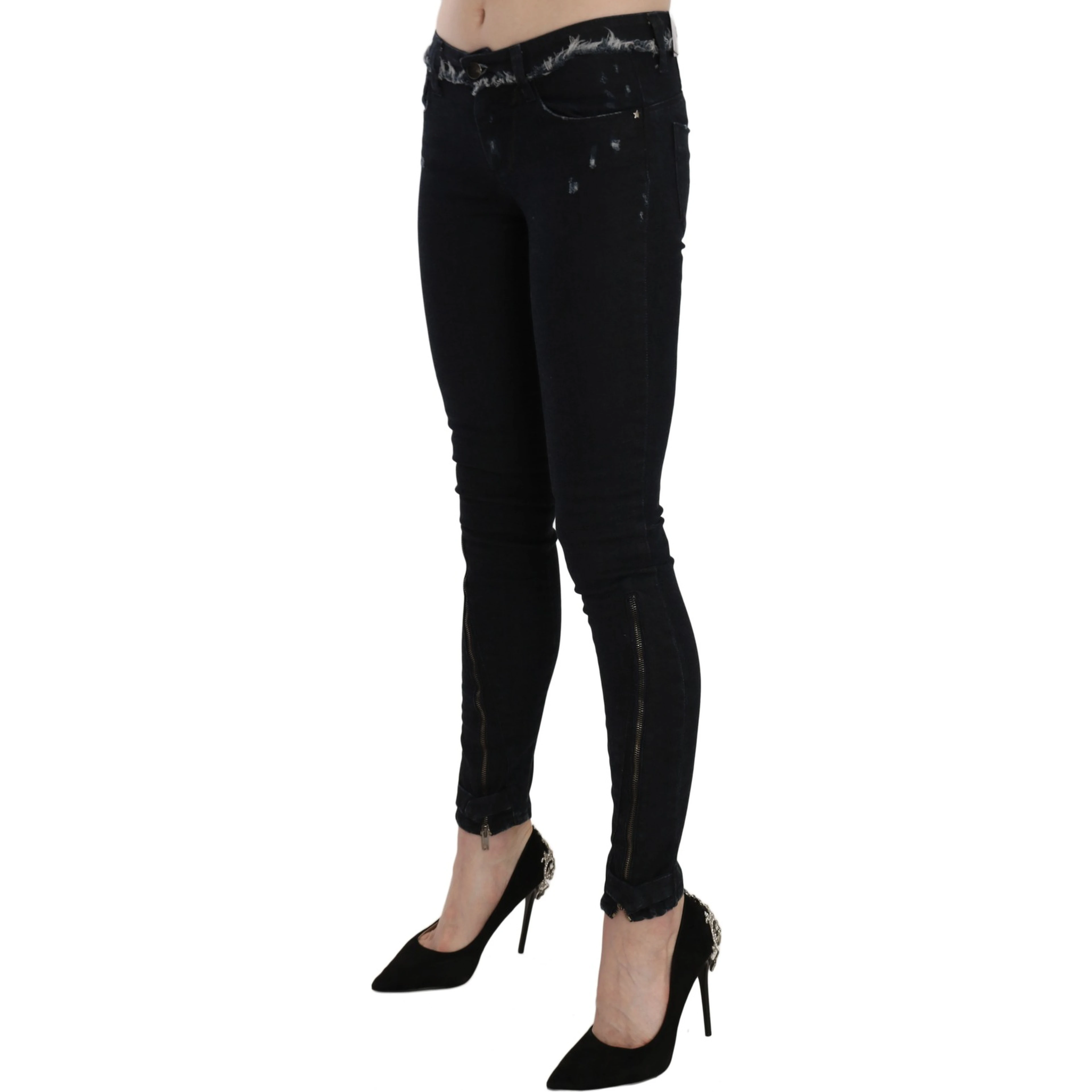 Black Low Waist Zipper Leg Skinny Denim Jeans