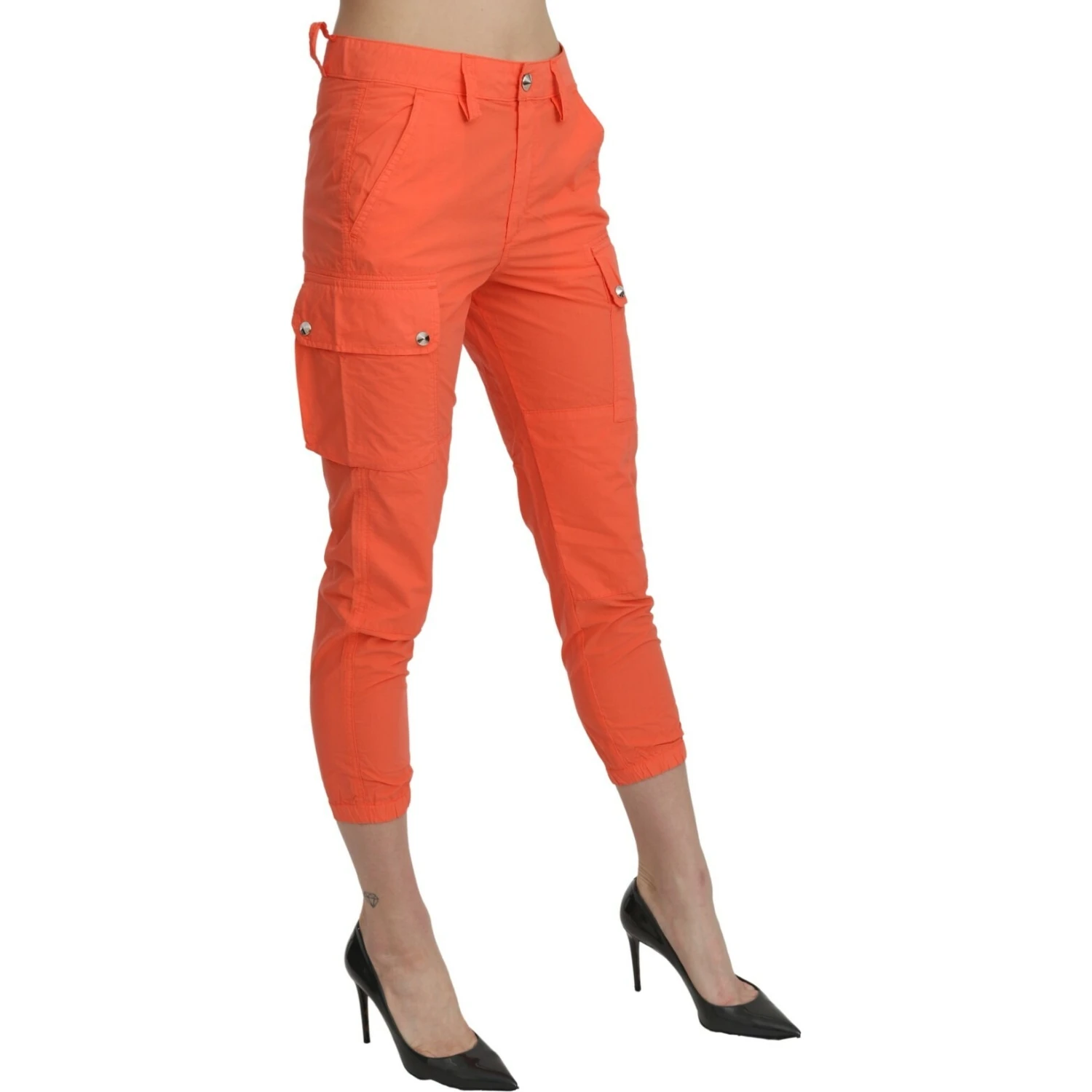 Cotton Orange High Waist Skinny Cropped Trouser Pants